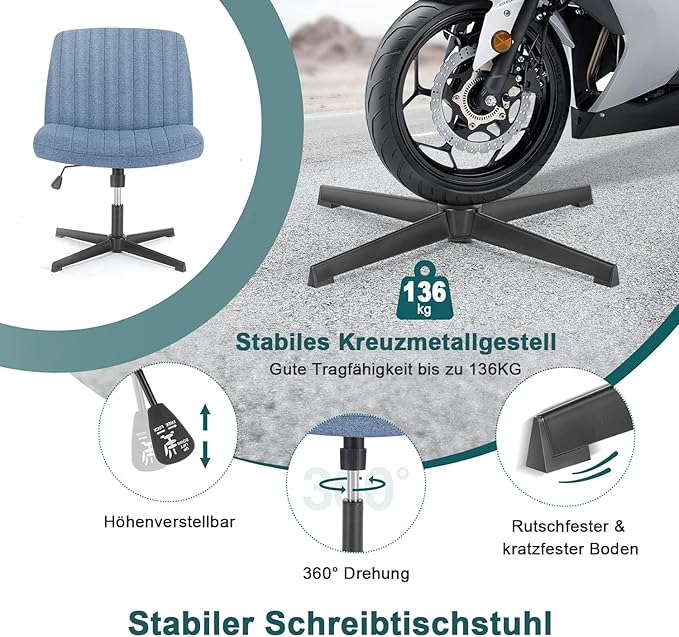 DUMOS Criss Cross Legged Office Chair, Armless Wide Seat No Wheels, Modern Home Desk Height Adjustable Swivel Fabric Vanity Seating for Bedroom