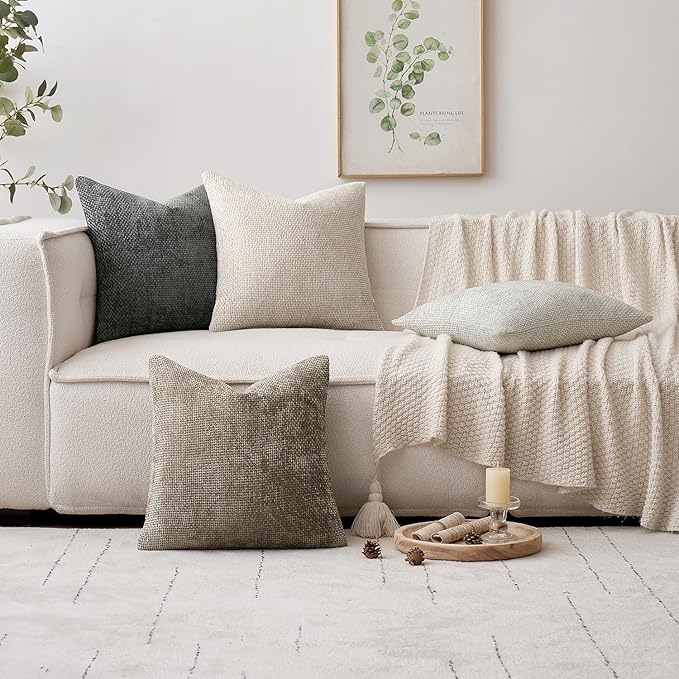 MIULEE Pack of 4  Throw Pillow Covers 22x22 Inch Neutral Soft Decorative Chenille Pillow Covers Farmhouse Boho Accent Cushion Covers for Mid Century Modern Home Decor Bedroom Living Room