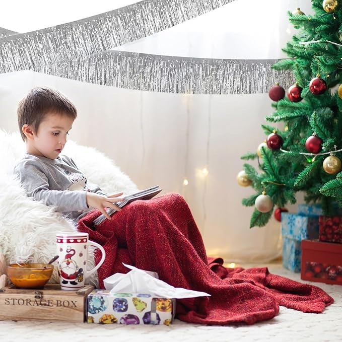 12 Pack 10 Feet Metallic Foil Fringe Garland Tinsel Streamers Banner, Silver Wall Hanging Tinsel Fringe Banners for Parade Floats, Wedding, Birthday, Christmas, New Year Party Decorations