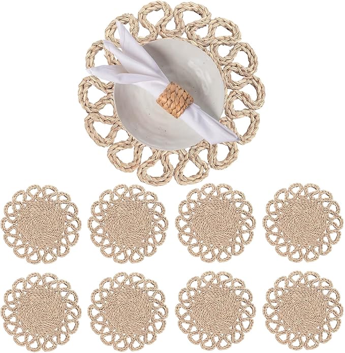 13.8" Set of 8 Round Seagrass Placemats | Boho Woven Rattan Table Mats | Farmhouse Wicker Spring Plate Chargers Like Water Hyacinth, Corn Husk for Wedding, Party, Christmas, Events
