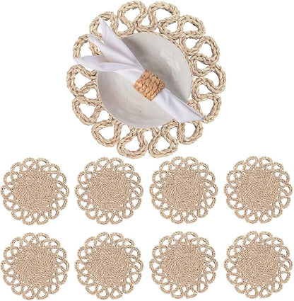 13.8" Set of 8 Round Seagrass Placemats | Boho Woven Rattan Table Mats | Farmhouse Wicker Spring Plate Chargers Like Water Hyacinth, Corn Husk for Wedding, Party, Christmas, Events