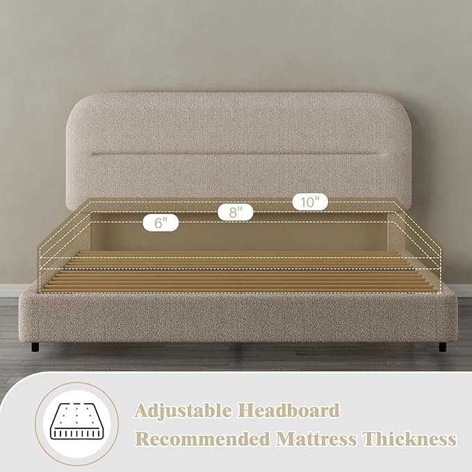 Full Size Boucle Bed Frame, Upholstered Cloud Bed with Headboard Soft,Modern Style/Thickened Footboard/Rounded Corners Design/No Box Spring Required/Easy Assembly, Beige
