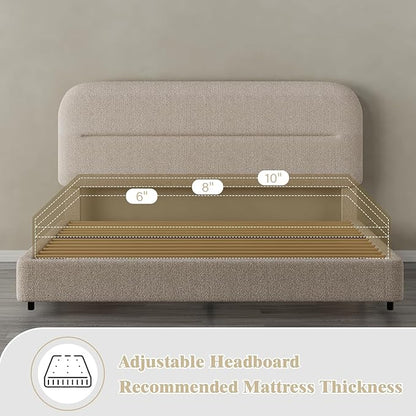 Full Size Boucle Bed Frame, Upholstered Cloud Bed with Headboard Soft,Modern Style/Thickened Footboard/Rounded Corners Design/No Box Spring Required/Easy Assembly, Beige
