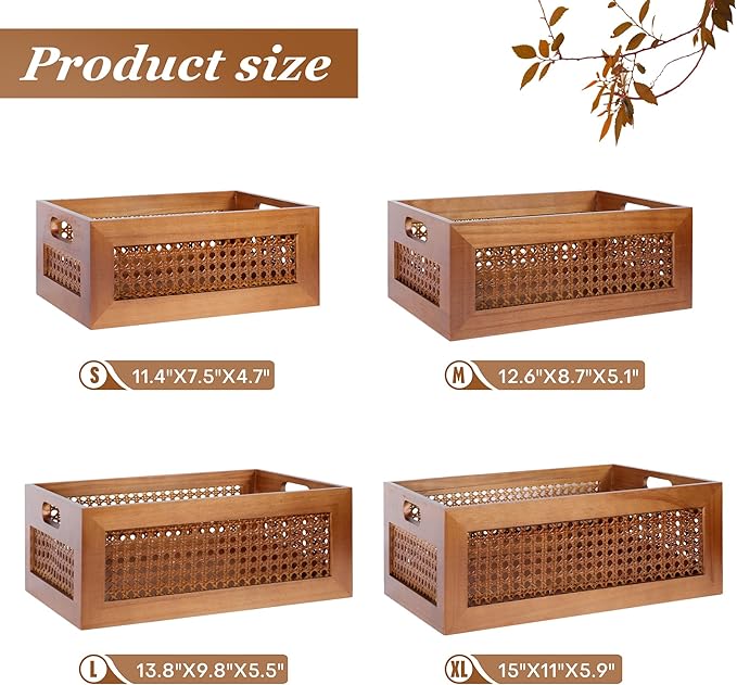 Wooden Storage Basket Set of 4 Handmade Rattan Drawer Storage Box with Frame & Handles Decorative Natural Bamboo Woven Bins Rustic Farmhouse Decor Home Office Tabletop Shelf Organizer