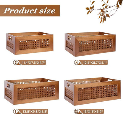 Wooden Storage Basket Set of 4 Handmade Rattan Drawer Storage Box with Frame & Handles Decorative Natural Bamboo Woven Bins Rustic Farmhouse Decor Home Office Tabletop Shelf Organizer