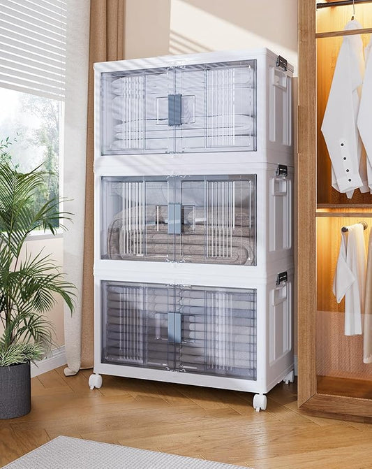 OlarHike Stackable Storage Bins with Lids Folding Storage Box with Doors and Wheels 3 Pack Cubes