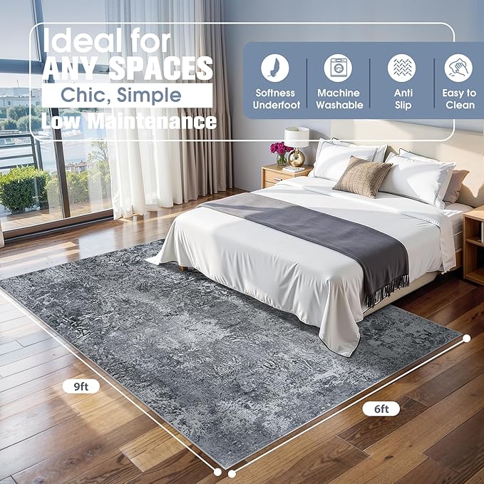 6x9 Area Rugs for Living Room Rug Washable: Abstract Rug for Dining Room Bedroom Carpet Non Slip 6 by 9 Indoor Modern Nursery Home Office Black