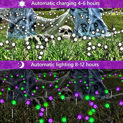 Halloween Decorations Outdoor Solar Pathway Lights, 6 Pack 48LED Solar Firefly Lights Green and Purple, Sway by Wind, Waterproof Solar Halloween Lights for Patio Garden Yard Lawn Horror Party Decor