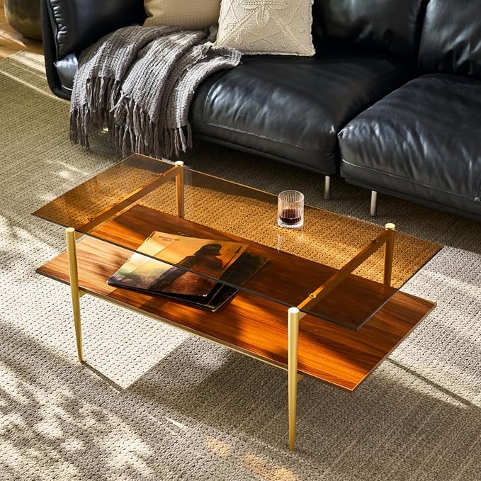 Saint Mossi Tadio Double Layer Glass Coffee Table for Living Room, Brown Glass & Coffee Brown MDF Bottom Shelf
