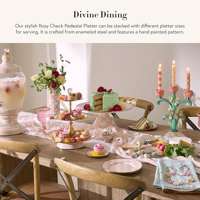 MACKENZIE-CHILDS Enamel Pedestal Platter, Round Cake Stand, Large, Pink-and-White Rosy Check