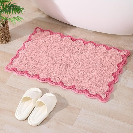 ORTIGIA Small Pink Scalloped Bath Mat, Cute Plush Microfiber Scallop Bathroom Rugs Non Slip Washable Quick Dry Absorbent, Bathmat for Shower Stall Vanities Kitchen Floor Entrance, 17x24