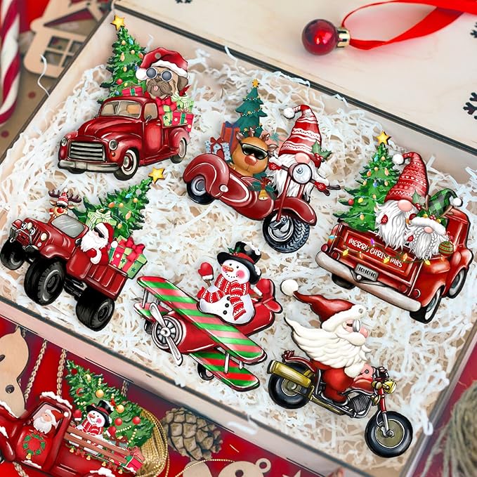 Wooden Christmas Truck Ornaments Red Truck Wooden Hanging Ornaments Wooden Car Crafts with Bead Farmhouse Hanging Decor for Xmas Tree Decoration Holiday Parties Craft Supplies 24 Pieces