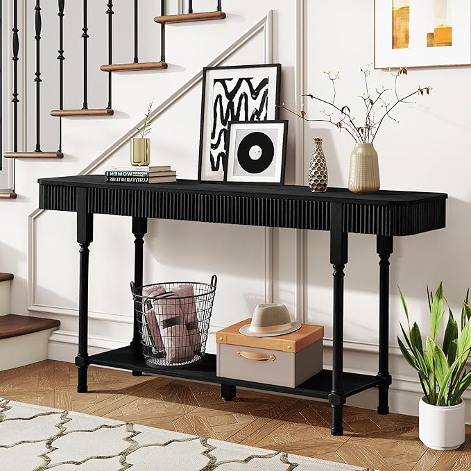 63'' Fluted Console Table with 2 Drawers, 2-Tier Long Entryway Tables with Open Storage, Wooden Narrow Sofa Table Behind Couch, Foyer Accent Table for Living Room, Hallway, Entrance (Black)
