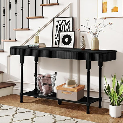 63'' Fluted Console Table with 2 Drawers, 2-Tier Long Entryway Tables with Open Storage, Wooden Narrow Sofa Table Behind Couch, Foyer Accent Table for Living Room, Hallway, Entrance (Black)