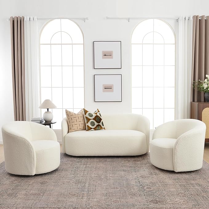 KINWELL 34" W Swivel Barrel Chair Set of 2, Mid Century Modern Round Upholstered Boucle Swivel Accent Chairs, No Assembly Chair for Living Room Bedroom Reading, Cream