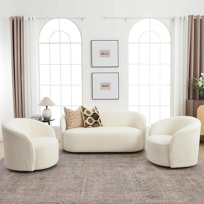 KINWELL 34" W Swivel Barrel Chair Set of 2, Mid Century Modern Round Upholstered Boucle Swivel Accent Chairs, No Assembly Chair for Living Room Bedroom Reading, Cream