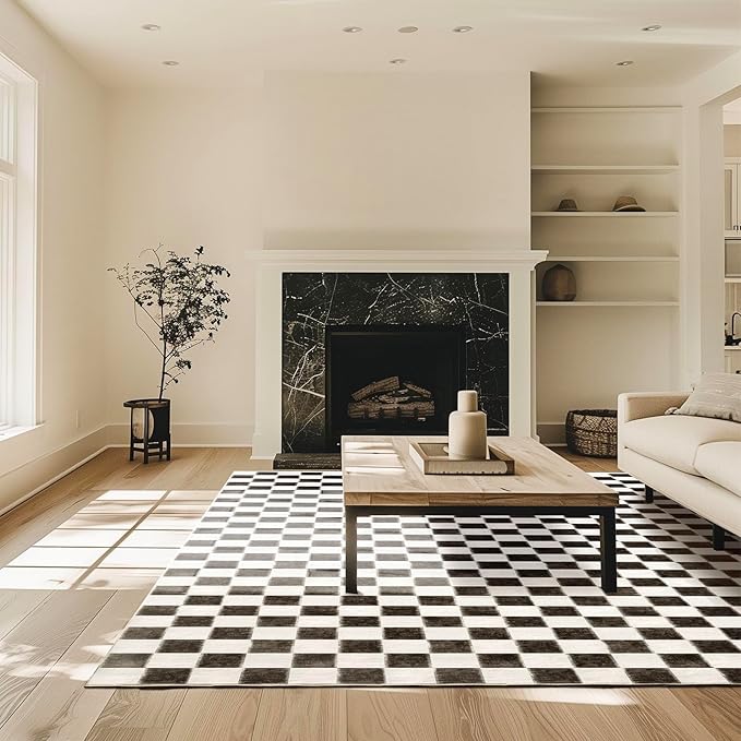 EVERGRACE Checkered Plaid Area Rug 9x12, Soft Fuzzy Faux Wool Rugs Washable Anti Slip Rugs Large Rug Carpet for Entryway Bedroom Living Room Hallway Kitchen and Laundry Room, Black and White