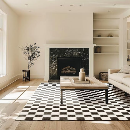 EVERGRACE Checkered Plaid Area Rug 9x12, Soft Fuzzy Faux Wool Rugs Washable Anti Slip Rugs Large Rug Carpet for Entryway Bedroom Living Room Hallway Kitchen and Laundry Room, Black and White
