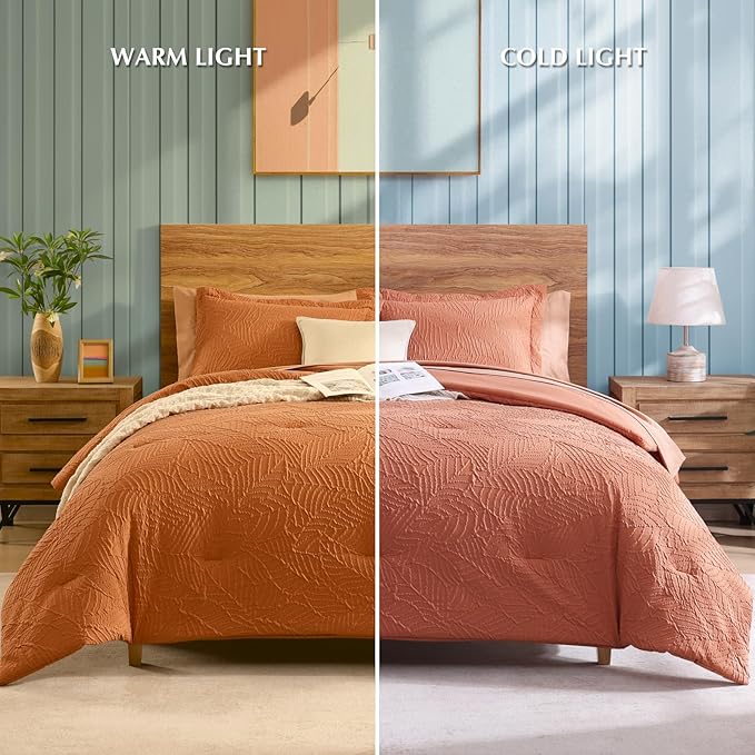 Geniospin Twin Comforter Set - 5 Pieces Burnt Orange Bedding Set, Botanical Textured Fall Comforter Set, All Season Lightweight Bed in a Bag with Comforter, Sheets, Pillowcases & Shams