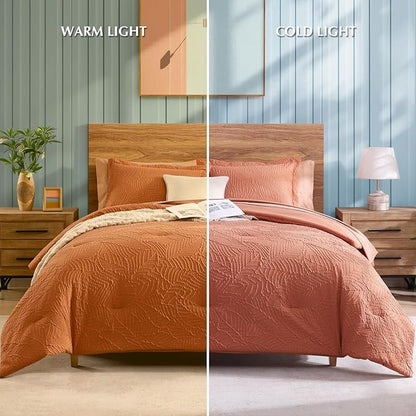 Geniospin Full Size Comforter Set - 7 Pieces Burnt Orange Bedding Set, Botanical Textured Fall Comforter Set, All Season Lightweight Bed in a Bag with Comforter, Sheets, Pillowcases & Shams