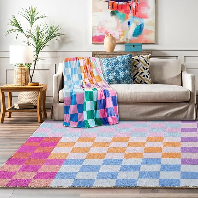 Multicolored Checkerboard Washable Rug 3x5 Ultra Thin Retro Funky Accent Area Rugs for Bathroom Bedroom Kitchen Entryway Dorm Aesthetic, Colorful Checkered Modern Geometric Indoor Doormat