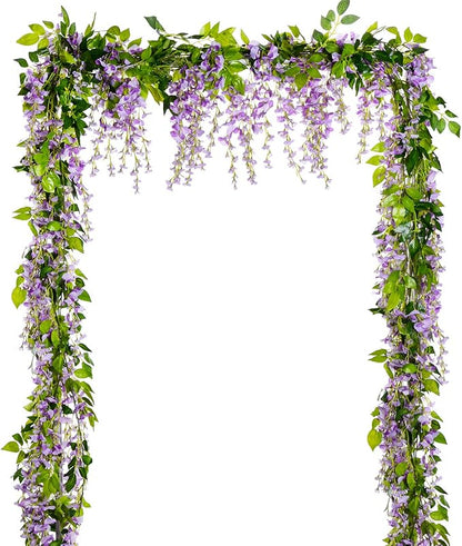 Lvydec Wisteria Artificial Garland, 4 Pcs Total 28.8ft Artificial Wisteria Vine Silk Hanging Flower for Home Garden Outdoor Ceremony Wedding Arch Floral Decor (Light Purple)