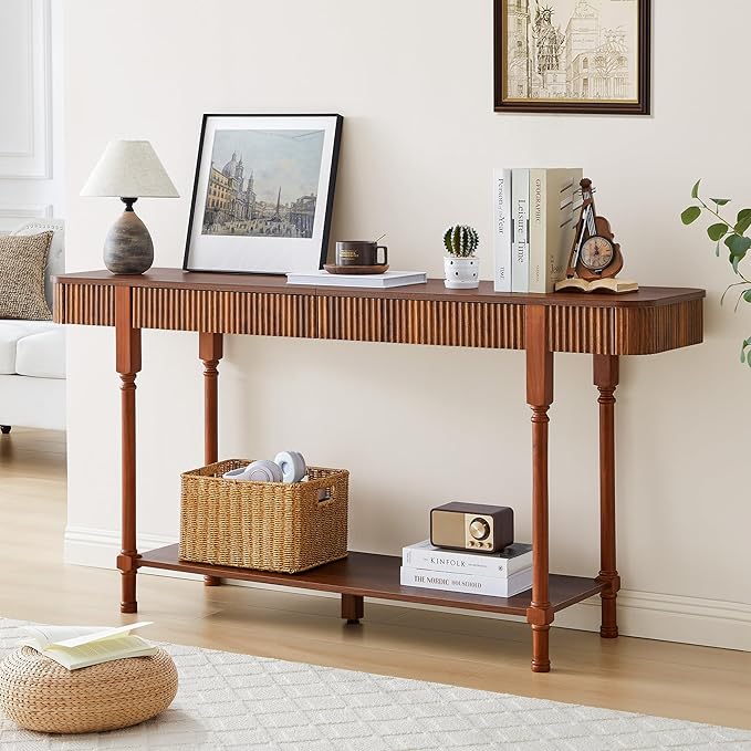 63'' Fluted Console Table with 2 Drawers, 2-Tier Long Entryway Tables with Open Storage, Wooden Narrow Sofa Table Behind Couch, Foyer Accent Table for Living Room, Hallway, Entrance (Walnut)