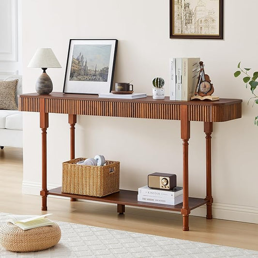 63'' Fluted Console Table with 2 Drawers, 2-Tier Long Entryway Tables with Open Storage, Wooden Narrow Sofa Table Behind Couch, Foyer Accent Table for Living Room, Hallway, Entrance (Walnut)