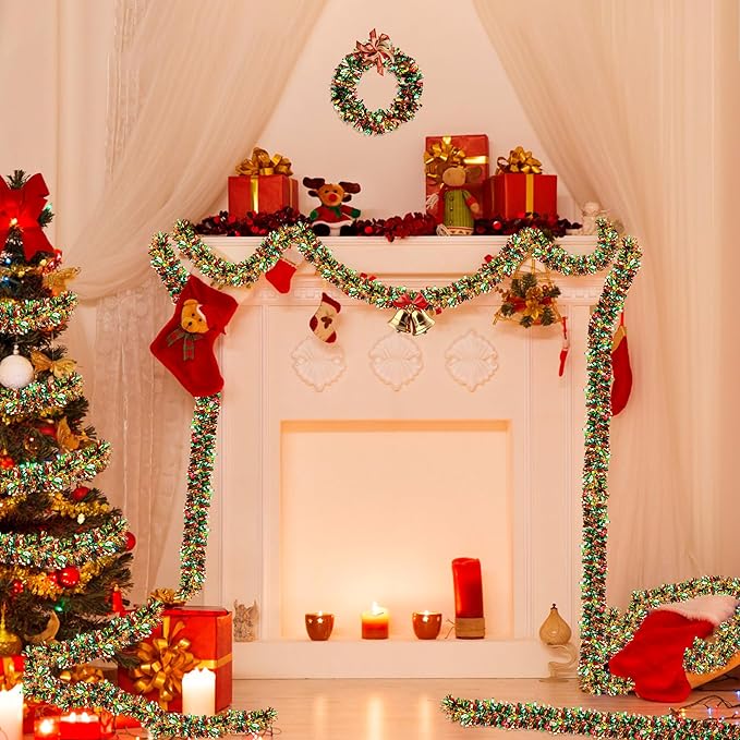 50 Feet Red Green Gold Metallic Twist Shiny Christmas Tinsel Garland for Tree, Mantle, Indoor/Outdoor Decor