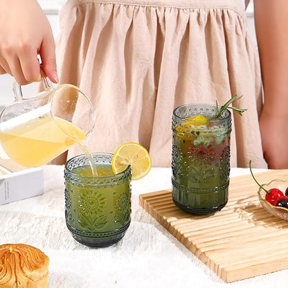 Blue Drinking Glasses Set of 12, 16 Oz Highball & 13 Oz Cocktail Glasses, Blue Kitchen Vintage Glassware Set, Floral Embossed Glass Tumbler Cups for Juice, Beer, Water, Whiskey, Coffee