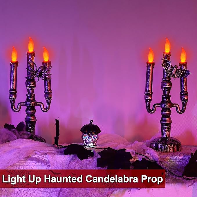 TURNMEON 2 Pack Halloween Candles LED Candelabra,Halloween Decorations 3-Candles Flickering Lamp Light Up Battery Operated Candles Holder Flame Less Bat Spider Decor Indoor Table Home Party