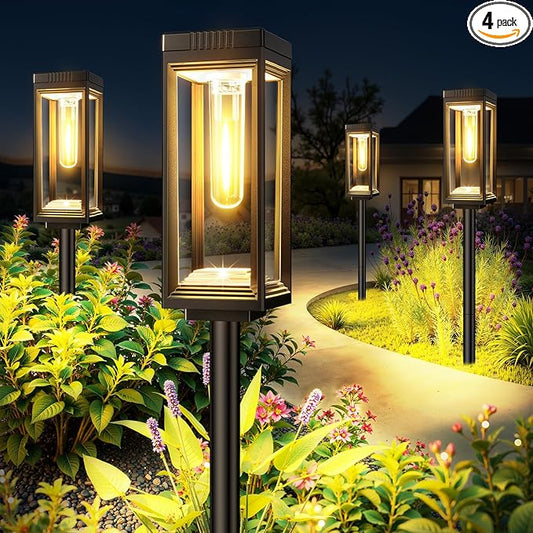 Bright Solar Pathway Lights Outdoor Waterproof, 4 Pack Upgraded Solar Lights, 15+ Hours Runtime Garden Light, Auto On/Off, Lighting for Outside Yard Walkway Driveway Landscape, Warm White