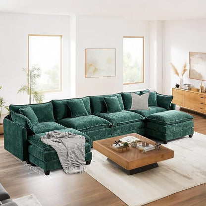 SoarFlash 143.2" Chenille Sectional Sofa, Comfy U Shaped Modular Coush Sofa with Ottoman, Modern 4 Seat Couch Deep Seat Sofa Set for Living Room,Green