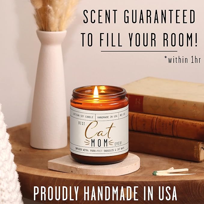 Cat Mom Gifts, Cat Gifts for Women Unique, Cat Lover Gifts for Women - 'Best Cat Mom Ever' Candle, w/Vanilla, Coconut & Vetiver I Cat Decor Themed I Cat Gifts for Cat Lovers I 50Hr Burn, USA Made