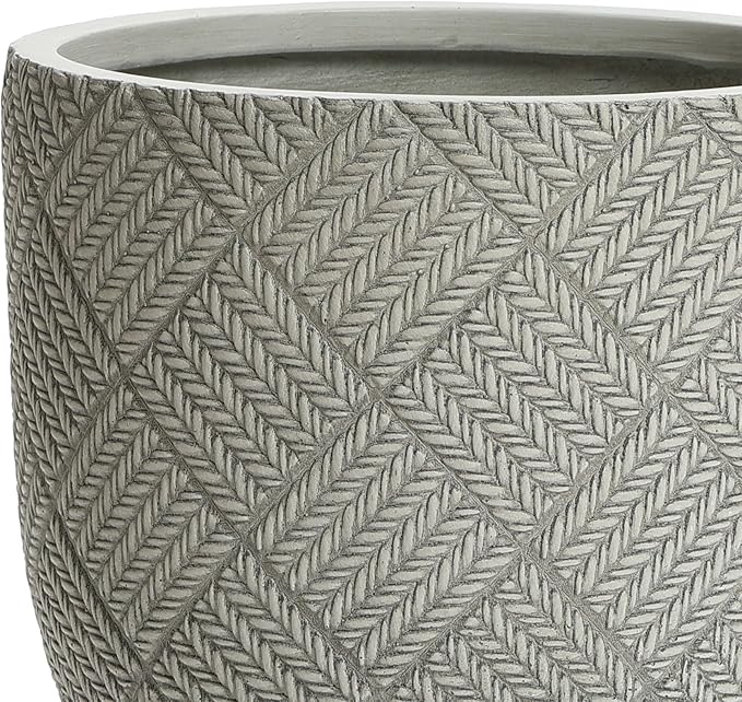 LuxenHome 17.5-Inch Dia Round Concrete Planters, Large Outdoor Indoor Decorative Plant Pots with Drainage Holes and Rubber Plug, Modern Gray Glen Woven Pattern Flower Pot Planter for Home Garden Patio