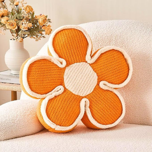 Flower Pillow, Soft Shaped Floor Cushion, Decorative Throw Pillow, Cute Seating Cushion, Plush Pillows for Sofa Couch Bed (17.7 Inch, Orange)