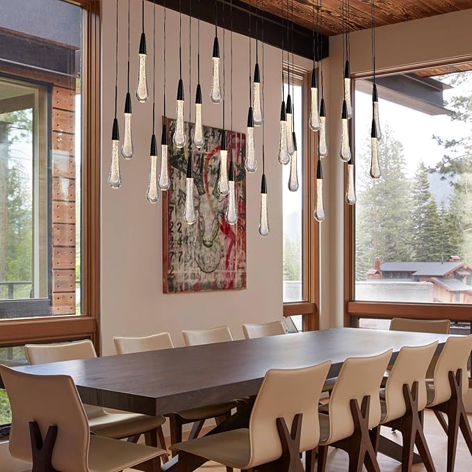 Black Rectangle Raindrop Chandelier with Glass，25-Lights Luxury Farmhouse Large Linear Chandeliers for Dining Room Over Table, Brass Pendant Ceiling Light Fixture for Kitchen Island