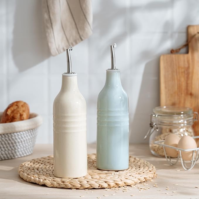 famiware Jupiter 16oz Ceramic Olive Oil Dispenser Bottle, Oil and Vinegar Dispenser Bottle Set of 2 with Stainless Steel Pourers, Suitable for Storage Vinegar, Liquids, Light Blue & Vanilla White