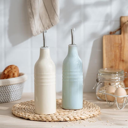 famiware Jupiter 16oz Ceramic Olive Oil Dispenser Bottle, Oil and Vinegar Dispenser Bottle Set of 2 with Stainless Steel Pourers, Suitable for Storage Vinegar, Liquids, Light Blue & Vanilla White