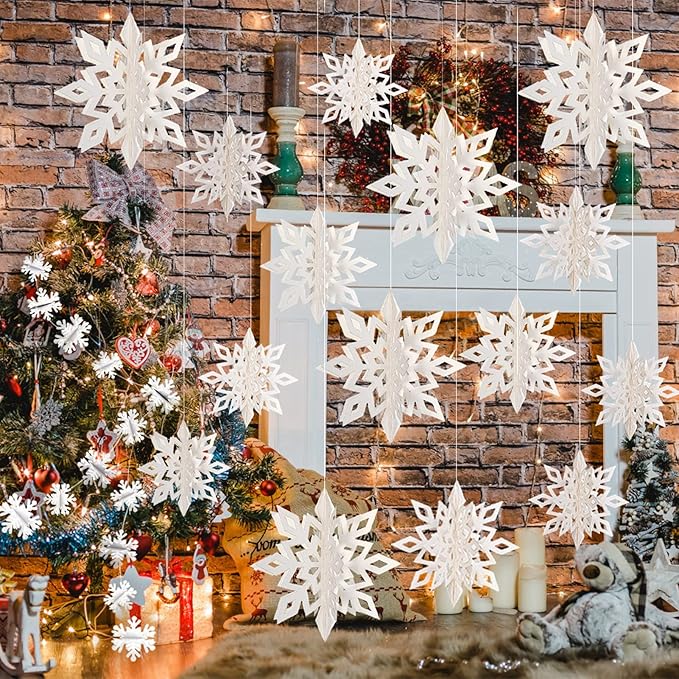 GuassLee Winter Wonderland Frozen Party Decorations - White 12pcs Hanging 3D Paper Snowflakes and Snowflake Garland for Christmas Birthday Parties
