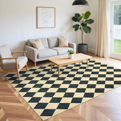 LIVEBOX 5x7 Checkered Rugs for Living Room, Washable Diamond Rug Non-Slip Modern Neutral Geometric Plaid Area Rugs for Bedroom, Low Pile Farmhouse Carpet for Office Kids Room Classroom Dorm, Black