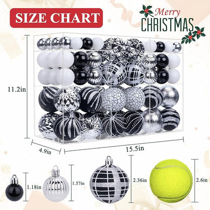 100ct Christmas Ball Ornaments Set, Black Silver and White Shatterproof Hand-Painted Hanging Baubles Decoration Bulk for Xmas Tree, Wreath, Garland, Home Holiday Decor