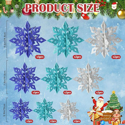 GuassLee Christmas Hanging Snowflakes Decorations, 15pcs 3D Paper Snowflakes Hanging Ornaments Glitter Blue Silver Snowflake Garlands for Winter Wonderland Frozen Christmas Birthday Party Decorations