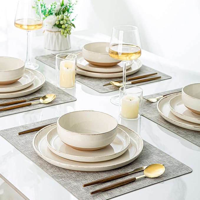 AmorArc 24 Pieces Ceramic Dinnerware Sets for 8, Handpainted Stoneware Plates and Bowls Set with Rustic Terracotta Underside, Scratch Resistant Dishes Set, Dishwasher & Microwave Safe