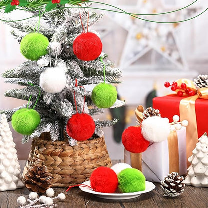Gejoy 12 Pcs Furry Christmas Ball Ornaments for Xmas Tree Red Green White Christmas Hanging Decorations Soft Faux Fur Pom Pom Ball Ornaments for Party Supplies Fireplace Mantel Home Wall Decor