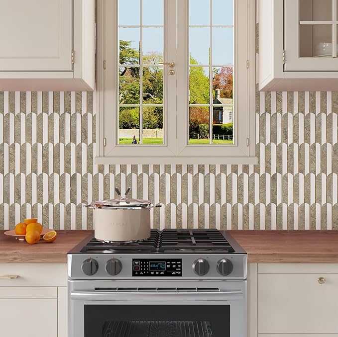 Vamos Tile Peel and Stick Backsplash Seamless Tile,10 Sheets Stick on Backsplash for Kitchen & Bathroom,Coffee Brown+Matt Pure White Marble Look+Brown Gold Metal Self Adhesive Backsplash Tile