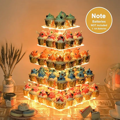 YestBuy Cupcake Stand - Premium Cupcake Holder - Acrylic Cupcake Tower Display - Cady Bar Party Décor - 5 Tier Acrylic Display for Pastry + LED Light String - Ideal for Weddings, Birthday Parties