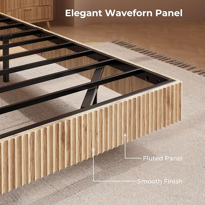 Evermagin Natural Queen Floating Bed Frame with led Lights, Bohemia Fluted Floating Platform Bed No Headboard, Heavy Duty Metal Float Bedframe, No Box Spring Needed