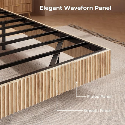 Evermagin Natural Queen Floating Bed Frame with led Lights, Bohemia Fluted Floating Platform Bed No Headboard, Heavy Duty Metal Float Bedframe, No Box Spring Needed