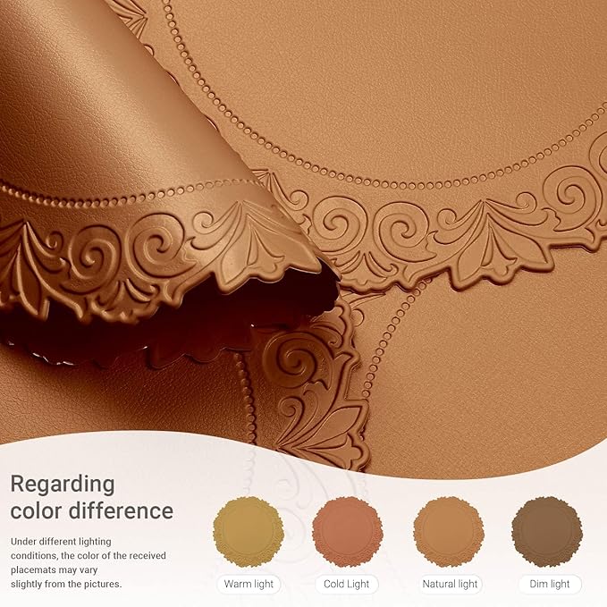 Noctiflorous Round Faux Leather 15 Inch Placemats Set of 6 Waterproof Wipeable Heat Resistant Tablemat for Dining Table Kitchen Non Slip Washable Oilproof Table Place Mat(Umber Brown, 6)